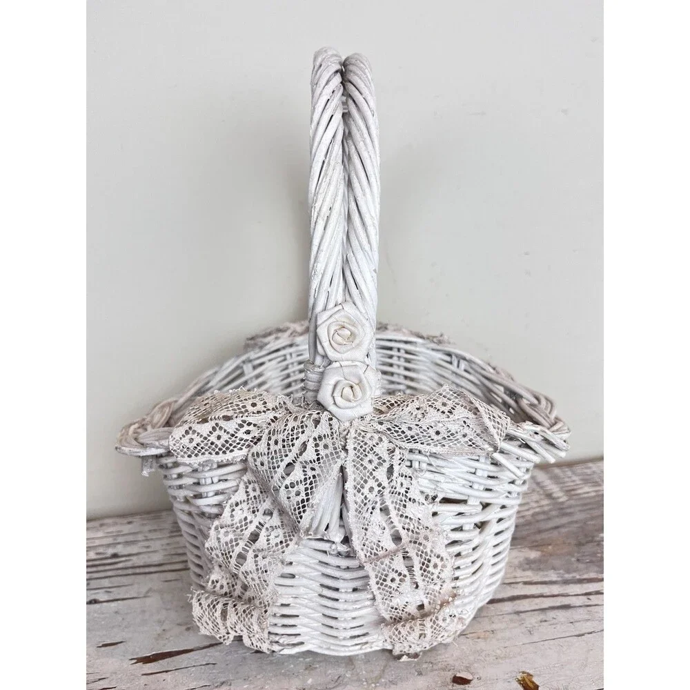 Vintage Shabby White Wicker Rosette Accent Lace Bowed Wicker Cottage Basket 13”